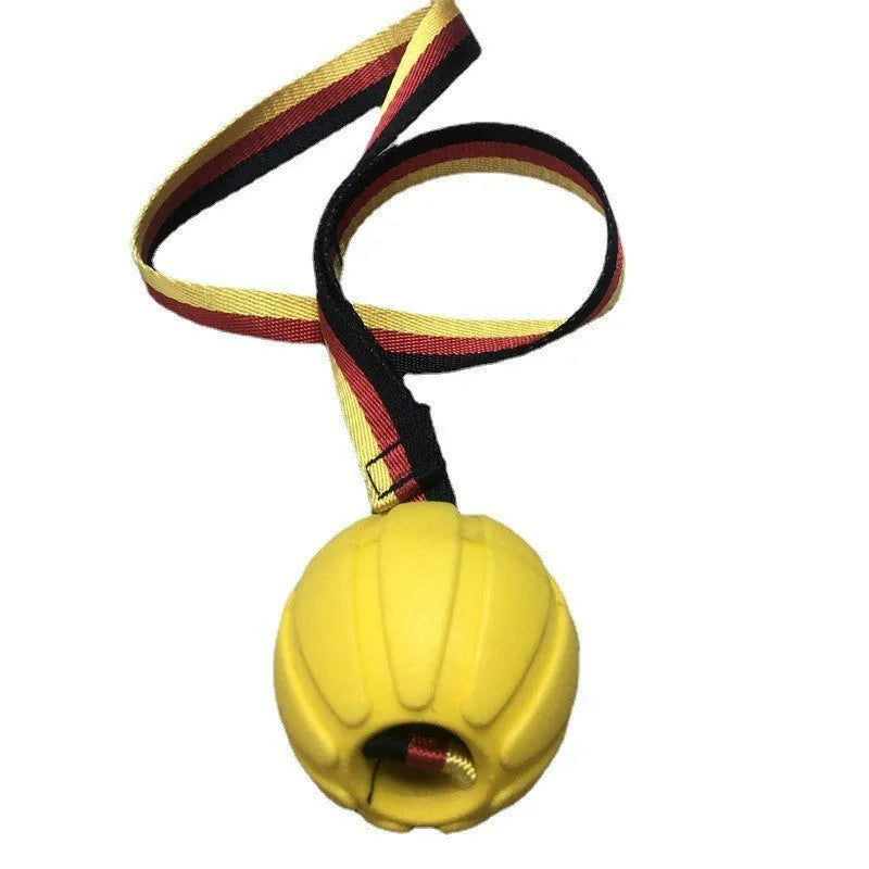 Floating camouflage and yellow EVA tetherball dog toys in three sizes: 6.5cm, 7cm, and 9cm diameters