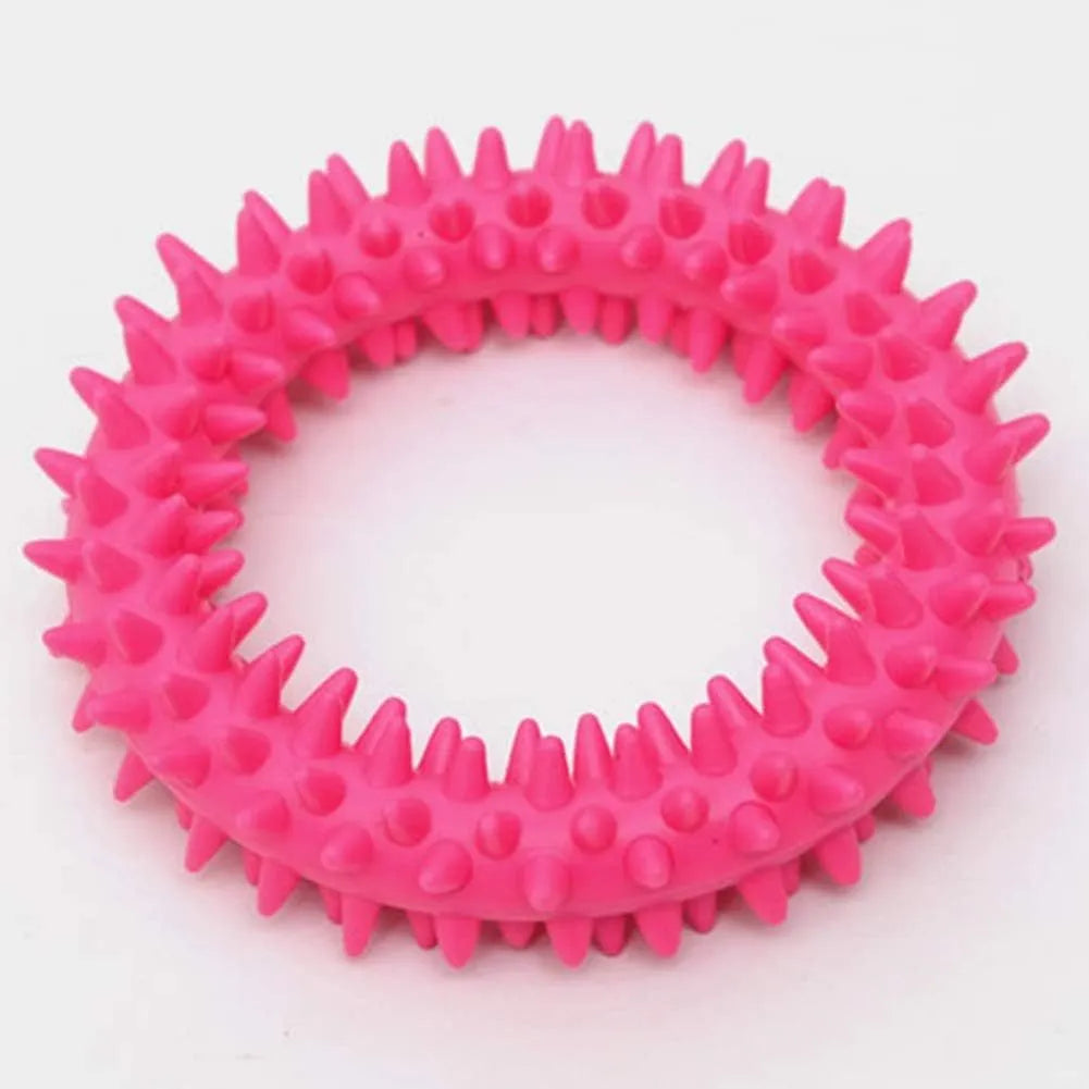 TPR spiky circle ring dog chew toy in various colours showing textured dental cleaning nubs