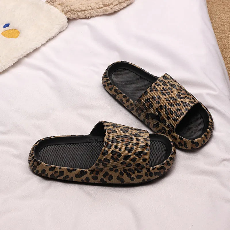 Women's leopard print EVA slippers with a thick sole, shown in multiple colour options.