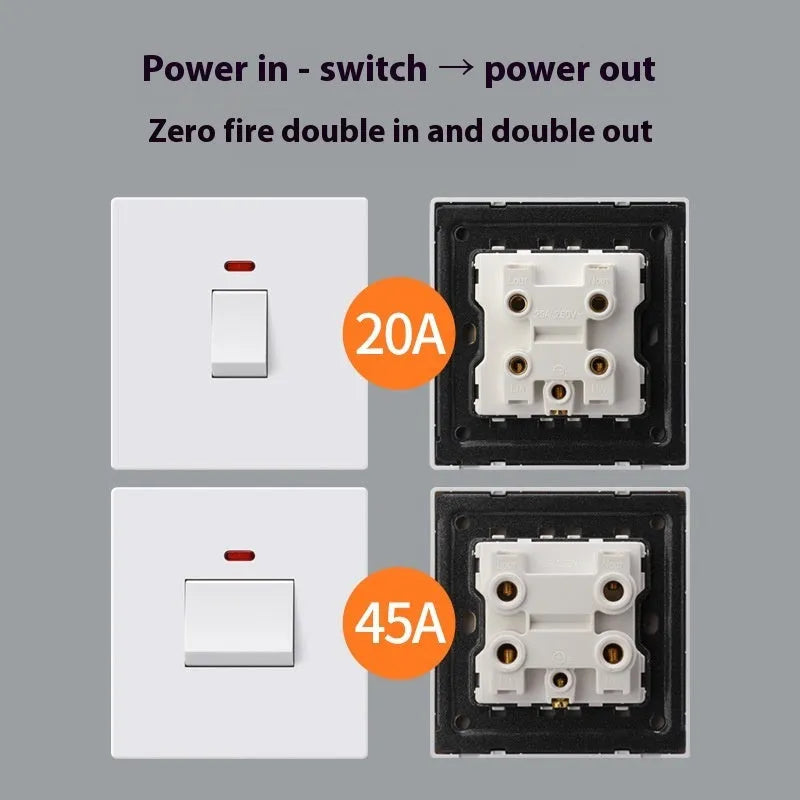 Gold curved rack panel switch with LED indicator light for high-current applications.