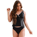 Black sleeveless one-piece split swimsuit for women on a mannequin