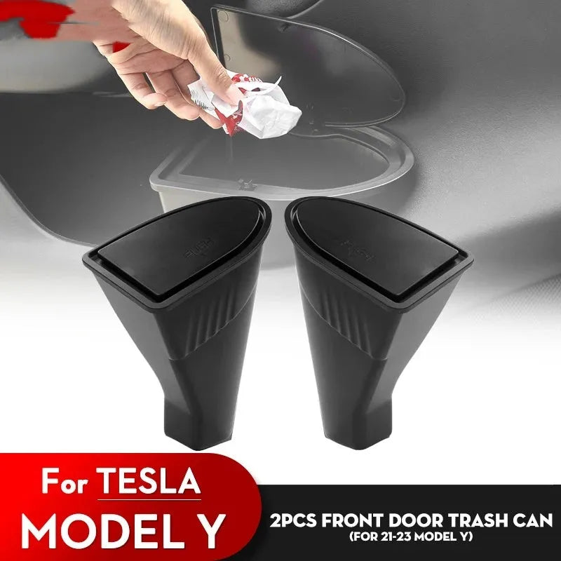 Black ABS plastic car door storage bin and trash can designed for Tesla Model Y front seats.
