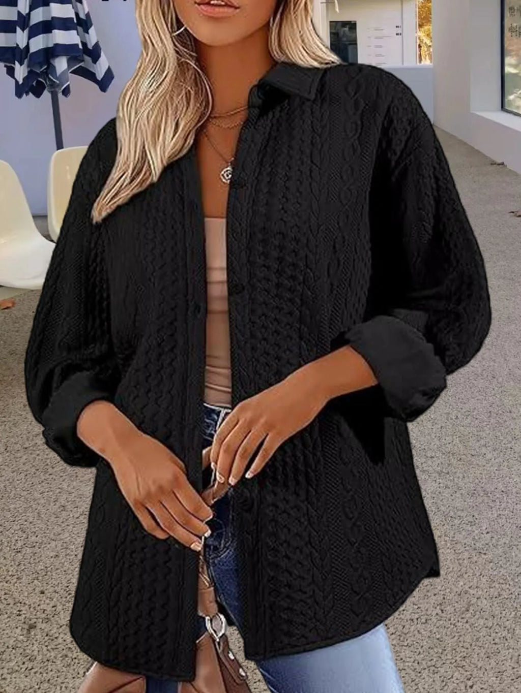 Women's solid colour long sleeve cardigan sweater in black, white, or khaki