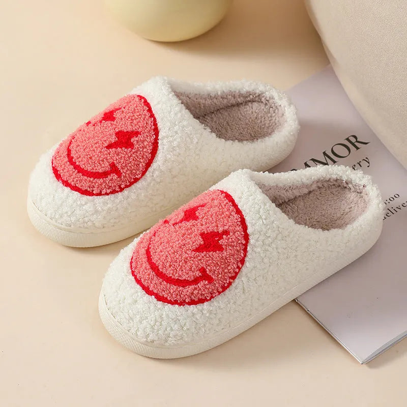 Adult women's plush cartoon pattern slippers with round toe and non-slip PVC sole