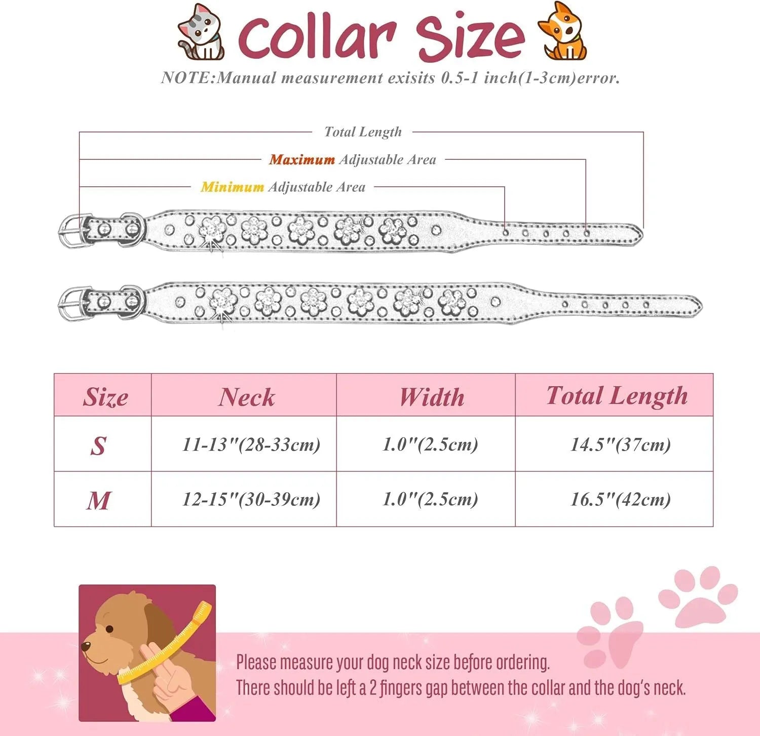 PU leather dog collar with rhinestone flower pattern and metal studs on a small dog
