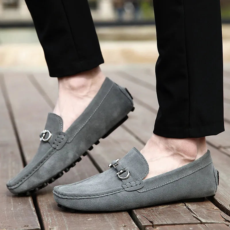 Men's black matte cowhide slip-on shoes with square toe and rubber sole