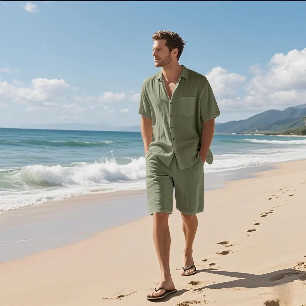 Men's linen blend short sleeve shirt and matching shorts set in light blue, laid flat.