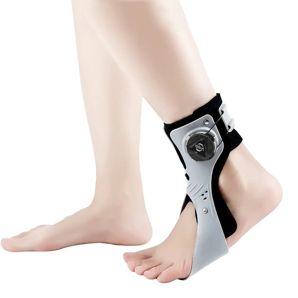 Grey and black ankle support brace with airbag button construction showing left and right versions