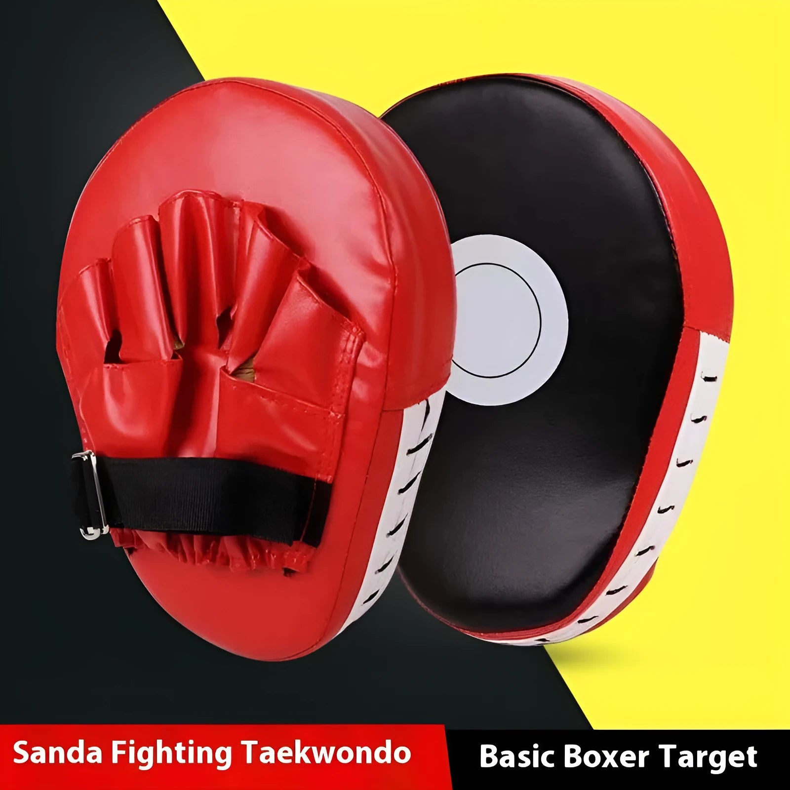 PU leather punch mitts for boxing training in curved and flat designs on a black background