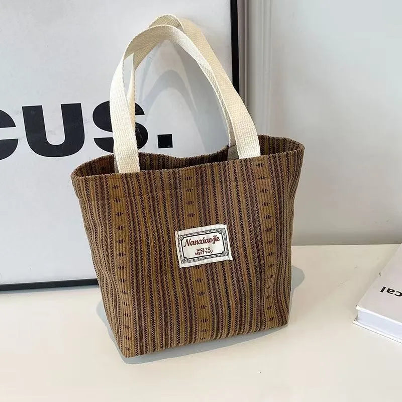 Japanese style corduroy handbag in ivory white, grey, or dark brown with large capacity design