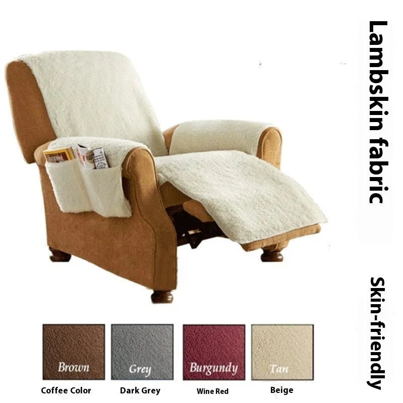 Polyester sofa slipcover in lambswool beige colour on a sofa, showing universal fit.