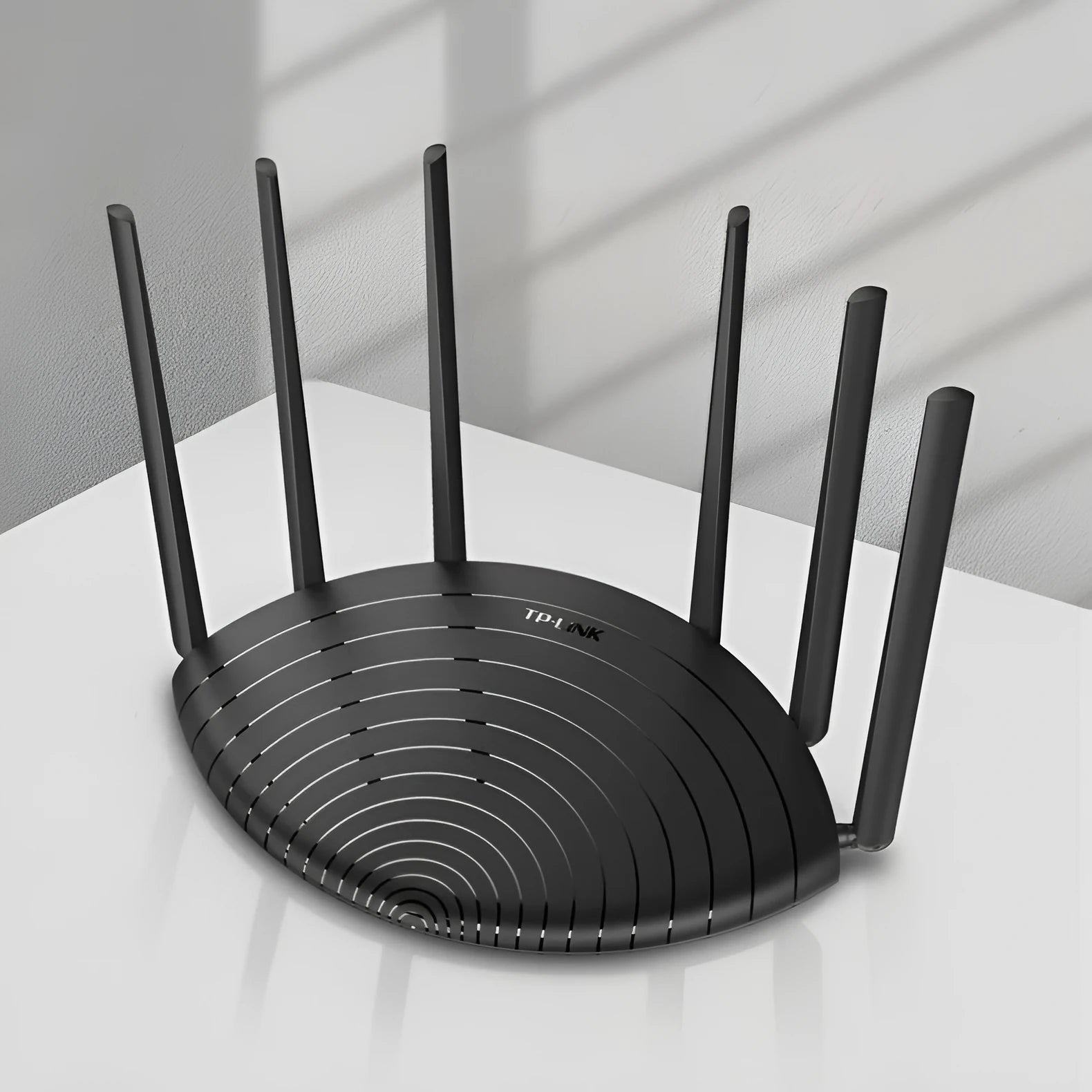 Black AC1900 Gigabit dual-band wireless router with easy display panel showing connection status
