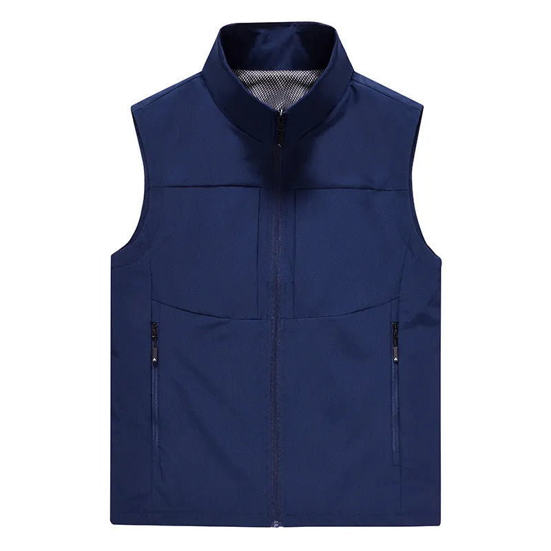 Men's loose fit stand collar polyester cardigan vest in khaki colour with zippered pockets.