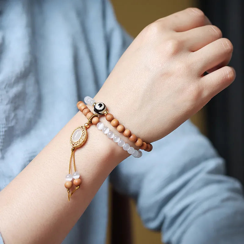 Sandalwood opal double ring bracelet with mixed materials and retro styling