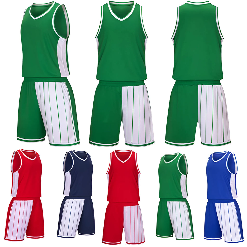 Men's quick-dry basketball uniform set in blue, showing short sleeve top and matching shorts
