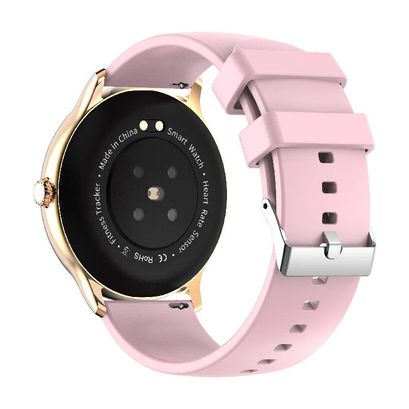 Black smartwatch with 1.28-inch screen showing blood pressure reading on wrist.