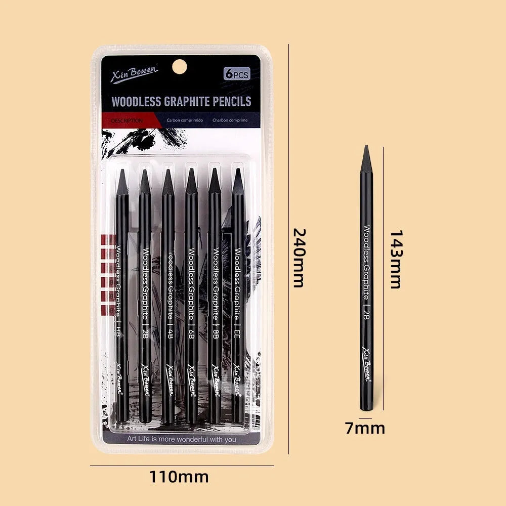 Set of wood-free graphite sketching pencils in six hardness grades for drawing and art