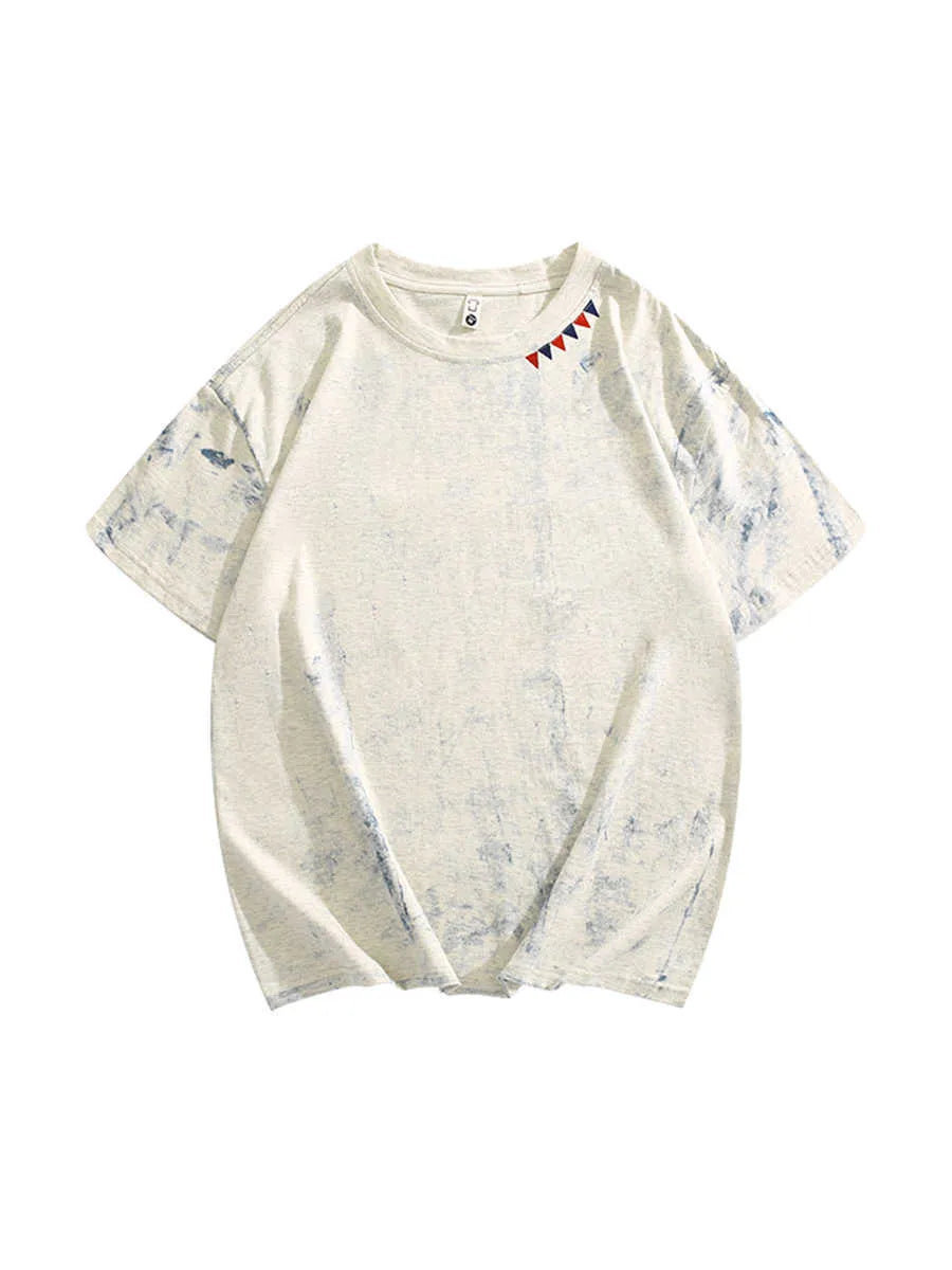 Grey loose-fit tie dye T-shirt with full printing paint design and short sleeves.