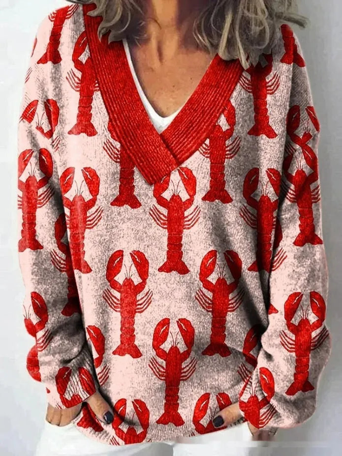 Women's V-neck floral print sweatshirt with 3D effect and long sleeves in art retro style.