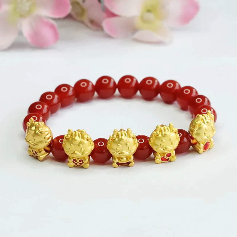 Natural red agate bracelet with five blessing dragon design on 8mm beads.