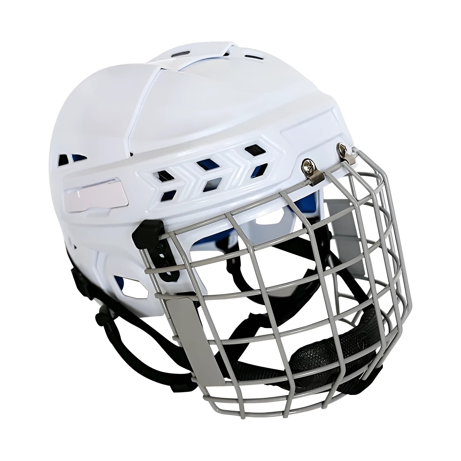 Ice hockey helmet with carbon steel face mask for head protection in sizes S M L XL.