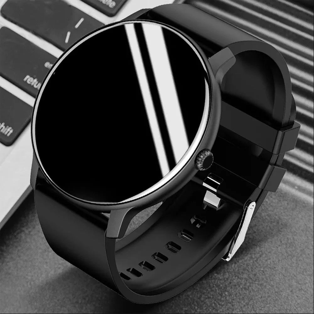 Black smartwatch with 1.28-inch screen showing blood pressure reading on wrist.