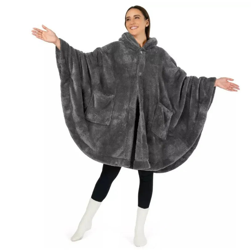 Thick cloak-style hooded bathrobe in black, dark grey, or pink, with long sleeves