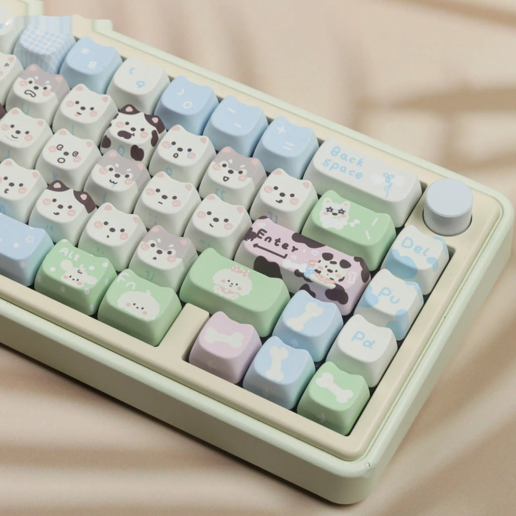 Complete set of 127 PBT key caps with sublimated cat and puppy designs for mechanical keyboard customisation