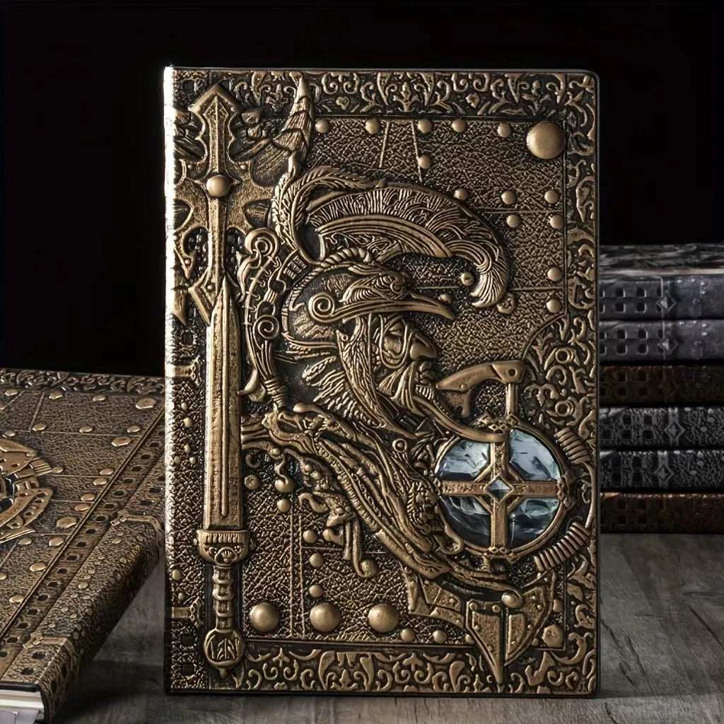 A5 leather notebook with embossed 3D warriors relief design on the cover, shown open.