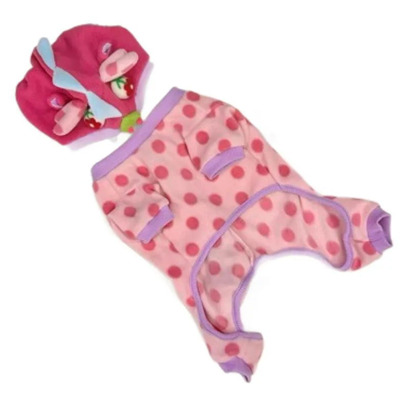 Pink polyester winter dog coat with hat option in sizes S to XxL shown casually on a pet
