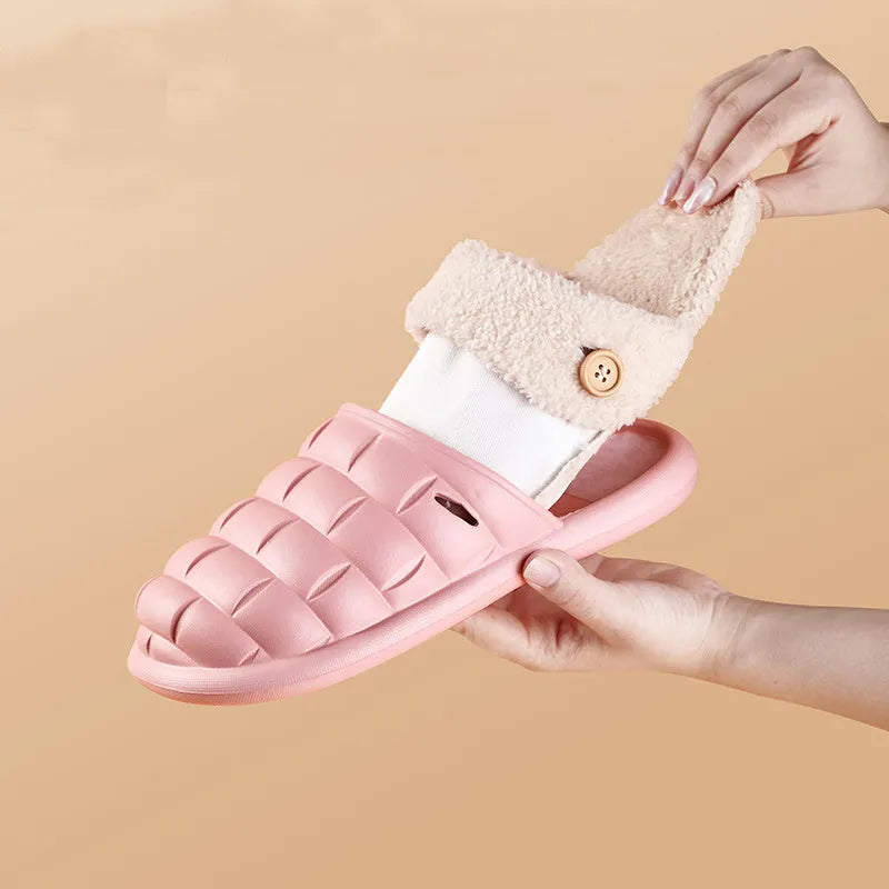 EVA detachable plaid slippers with plush lining in pink colour for women
