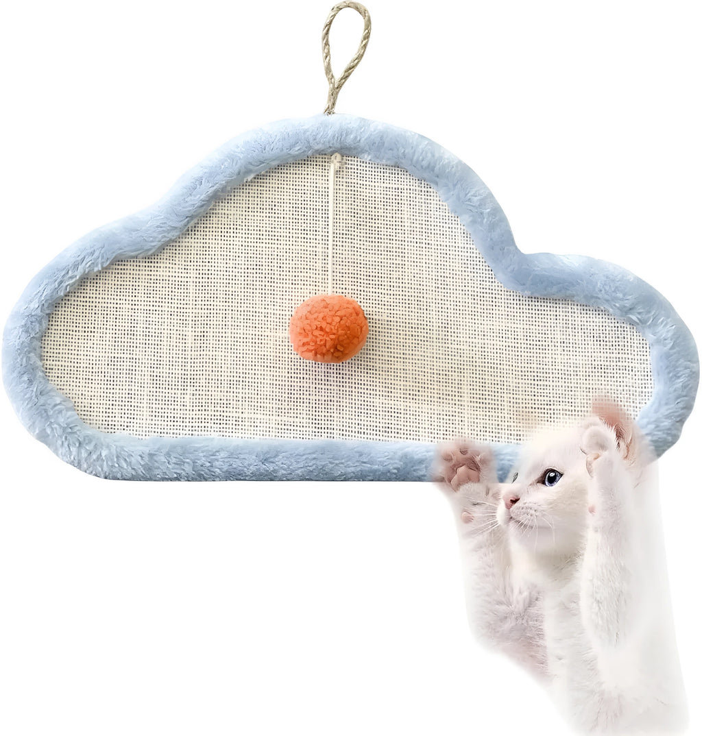White cat scratching mat with sleeping cat cartoon design, made from natural sisal.