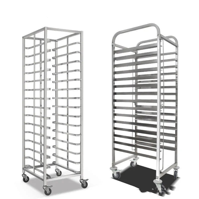 Stainless steel six-layer baking tray rack with lock for 40x60cm commercial trays.