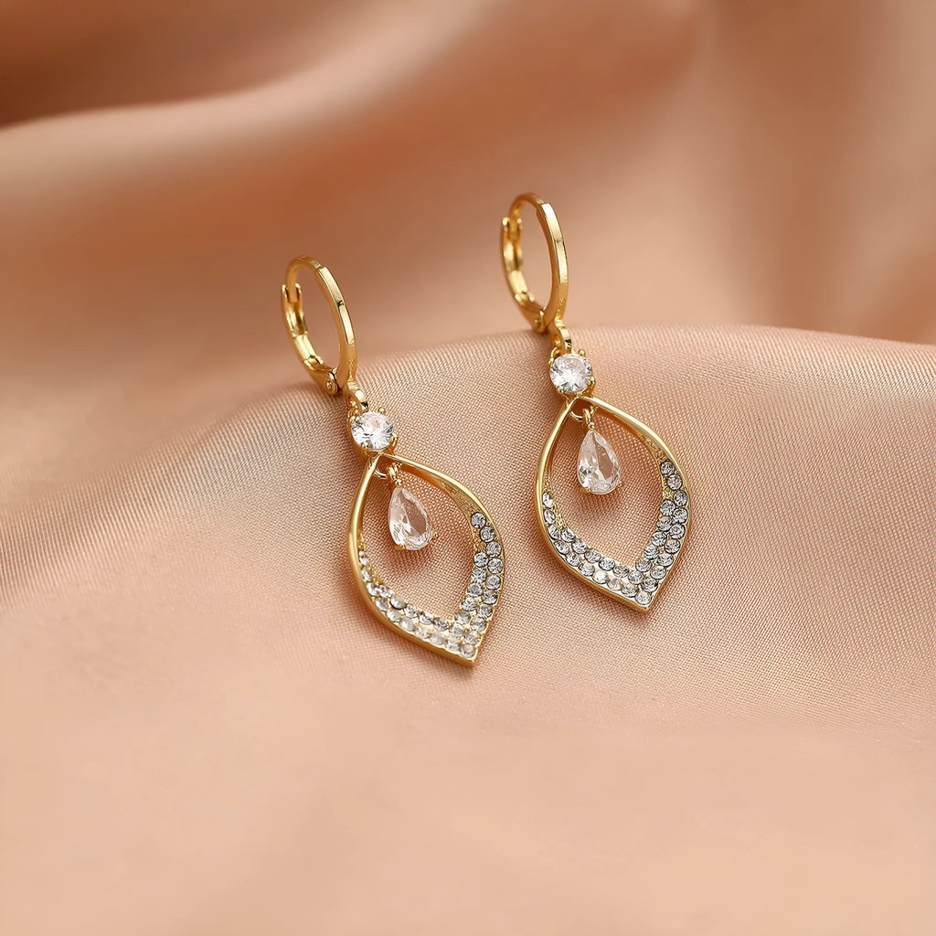 Copper electroplated zircon water drop tassel earrings with thickened gold ear buckles
