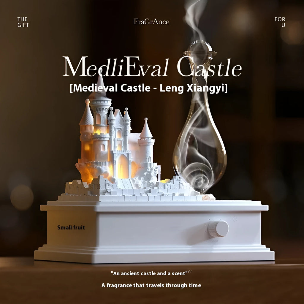 White medieval castle aromatherapy machine with cold fragrance technology and ambient light, measuring 188mm wide by 210mm high
