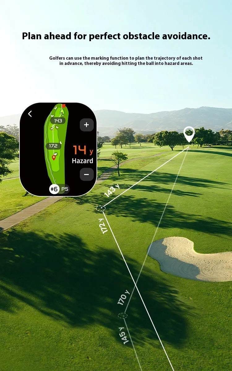 GenePro G1 golf laser rangefinder with GPS showing AMOLED touchscreen display and compact black design