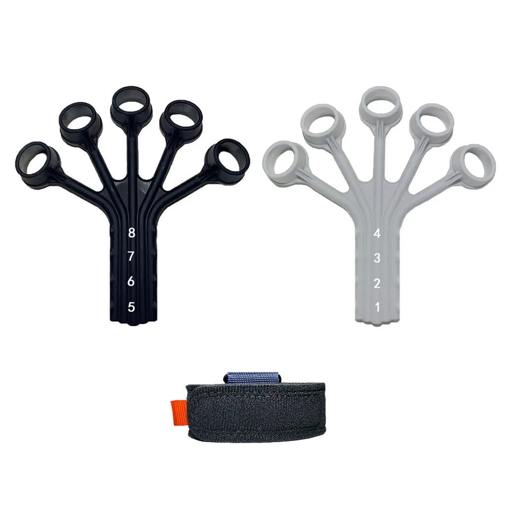 Black silicone finger flexion extension trainer with adjustable tension belt for hand rehabilitation