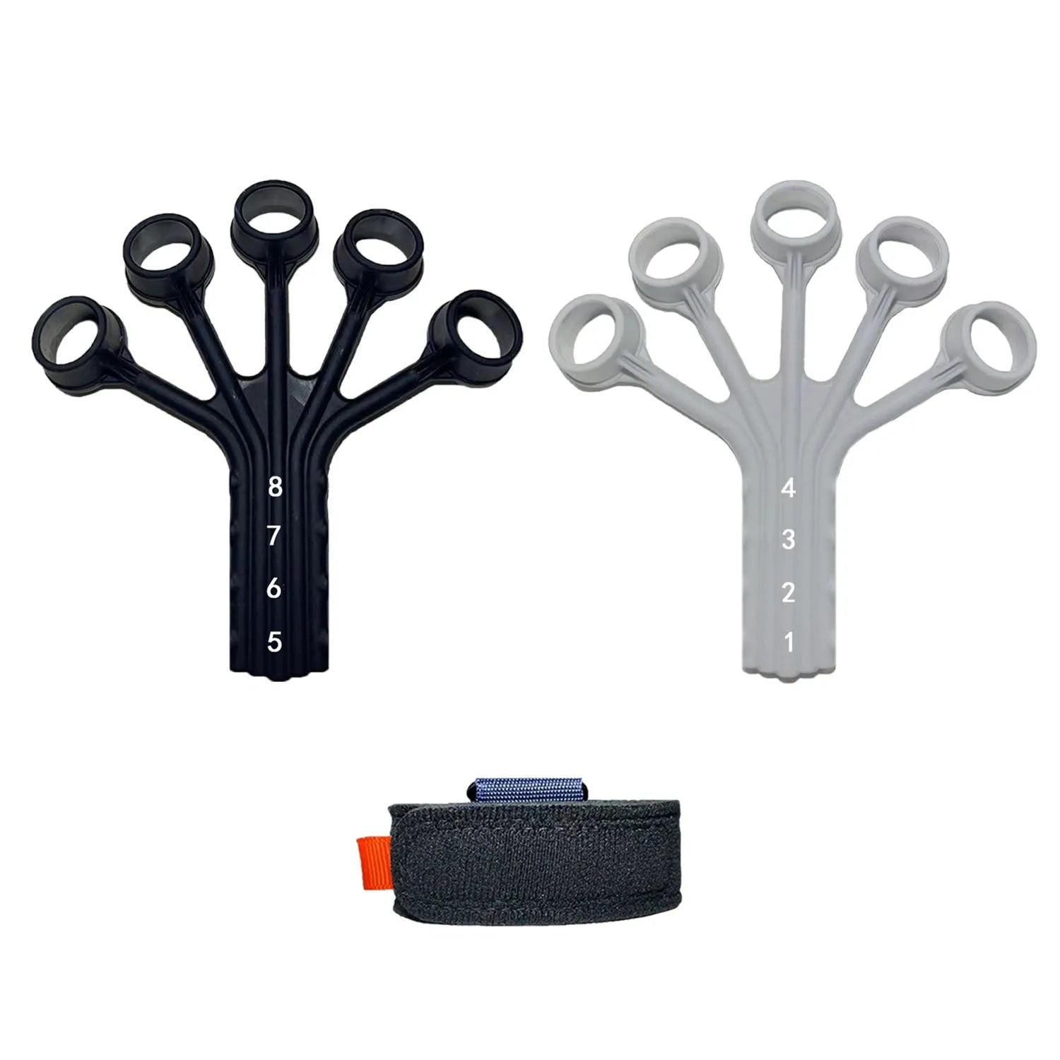 Black silicone finger flexion extension trainer with adjustable tension belt for hand rehabilitation