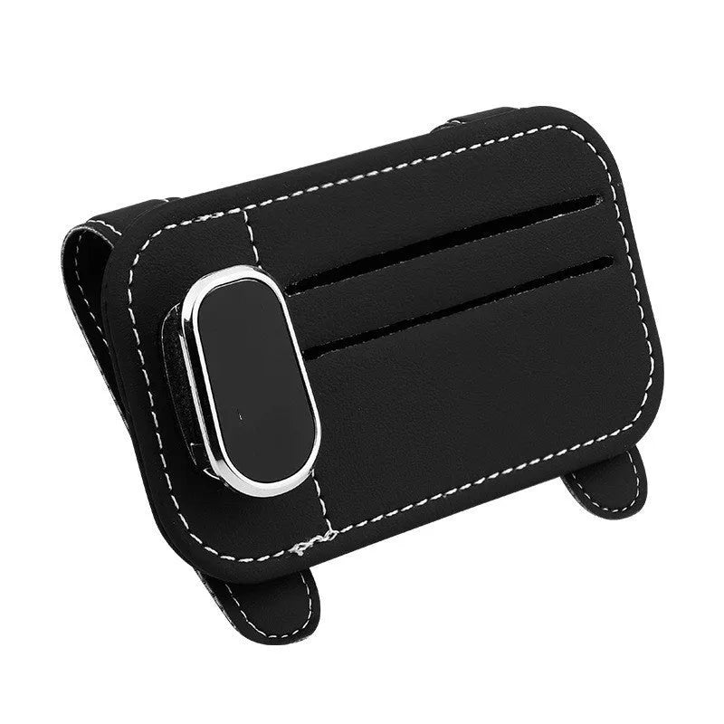 Leather car sun visor organiser with clip for sunglasses and card slot in beige colour.