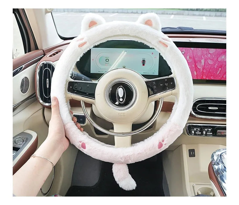 Plush cartoon animal embroidered steering wheel cover for winter, shown fitting a 38cm car steering wheel.