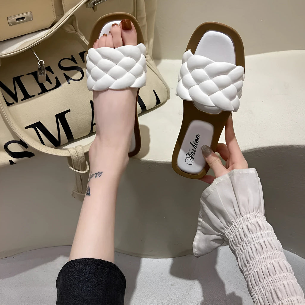 Women's plaid pattern sandals with thick PVC anti-skid sole in white, shown from the side.