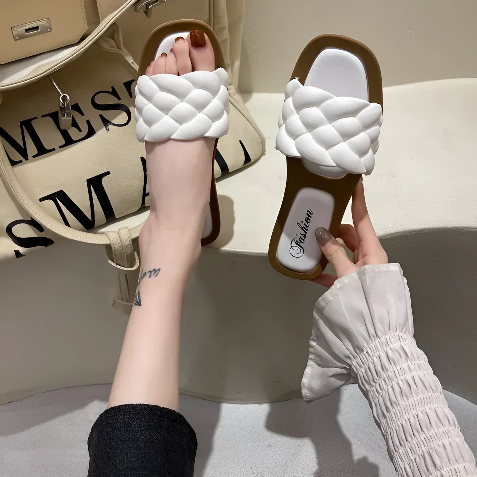 Women's plaid pattern sandals with thick PVC anti-skid sole in white, shown from the side.