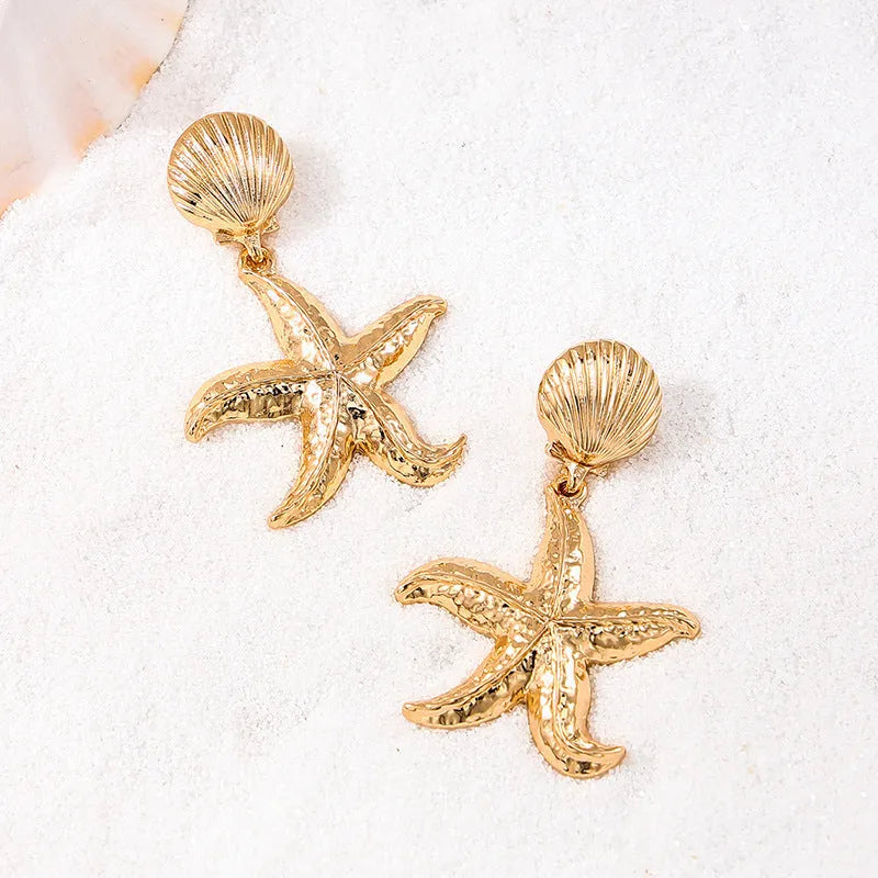 Gold starfish shell drop earrings for women exaggerated personality design