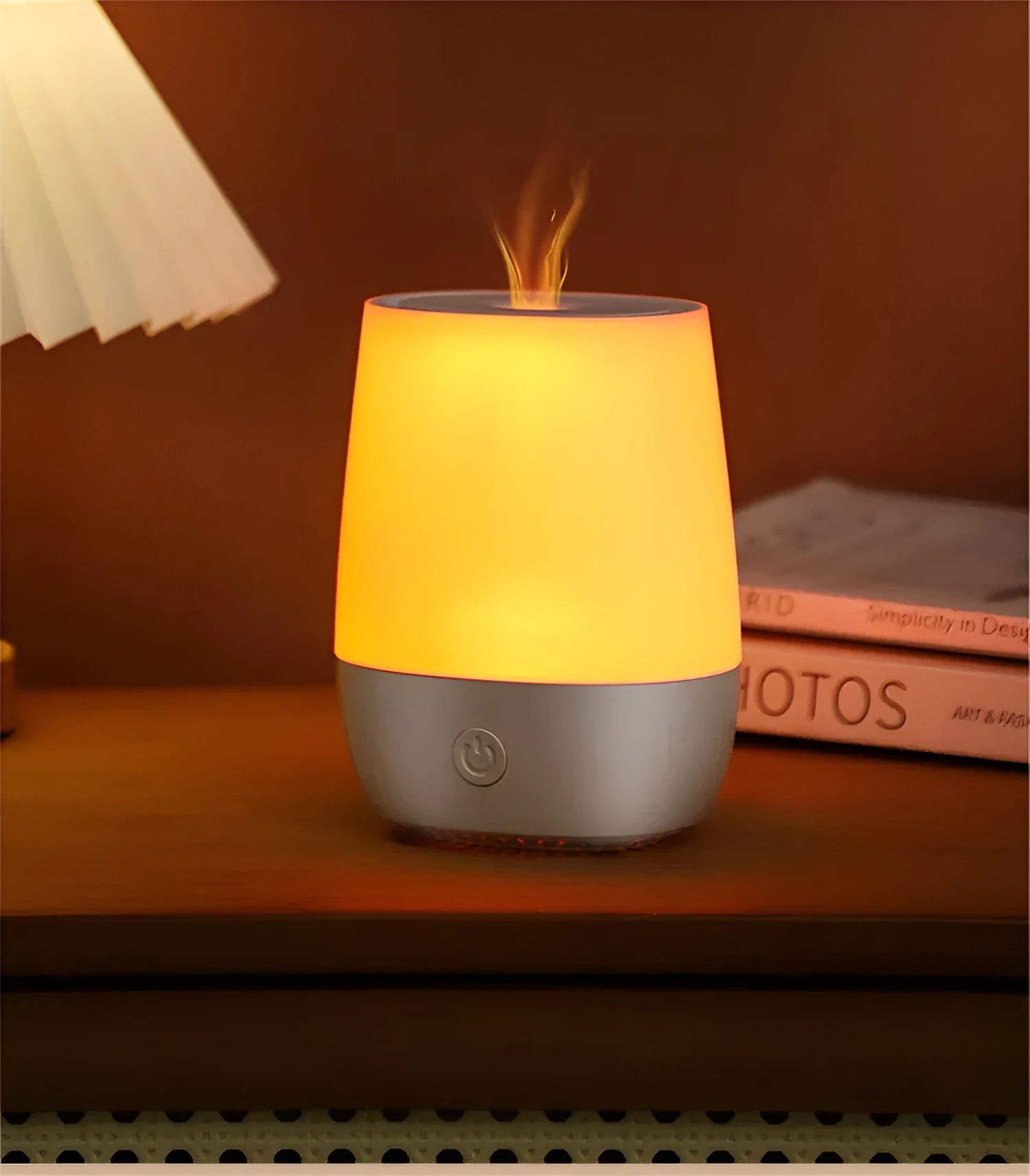 White USB aroma diffuser with simulated flame effect showing dimensions and Type-C connection