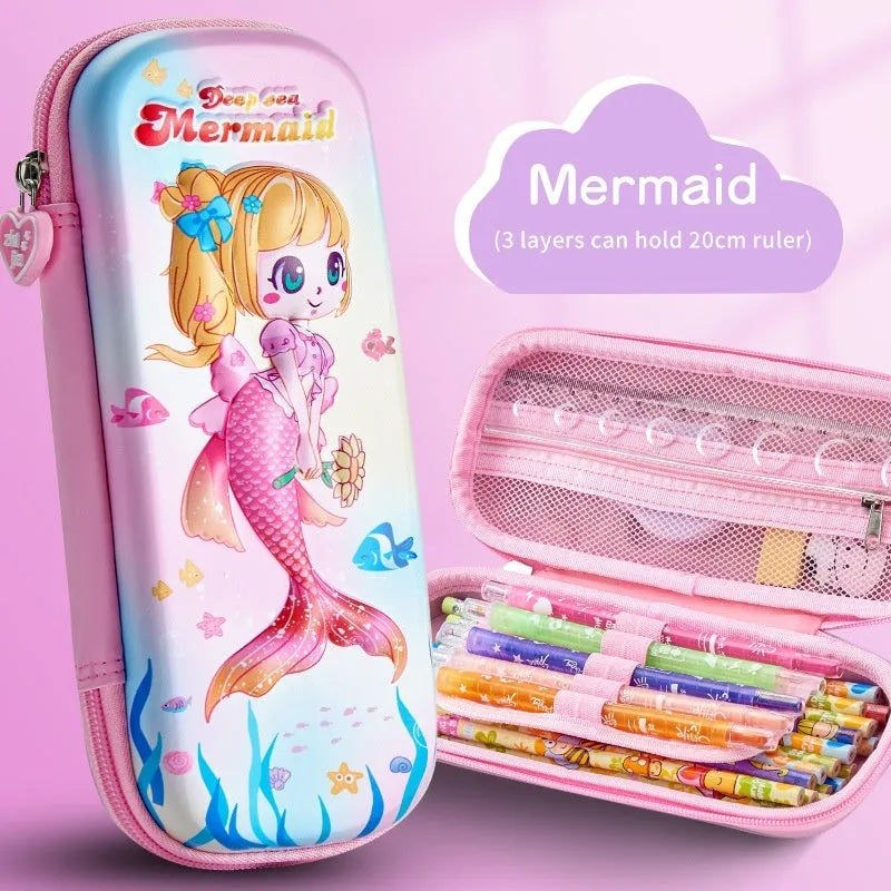3D leather pencil case with decorative design options including astronauts, dinosaurs and mermaids