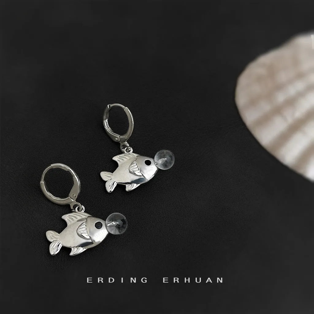 Bubble fish design copper earrings with goldfish animal modelling elements