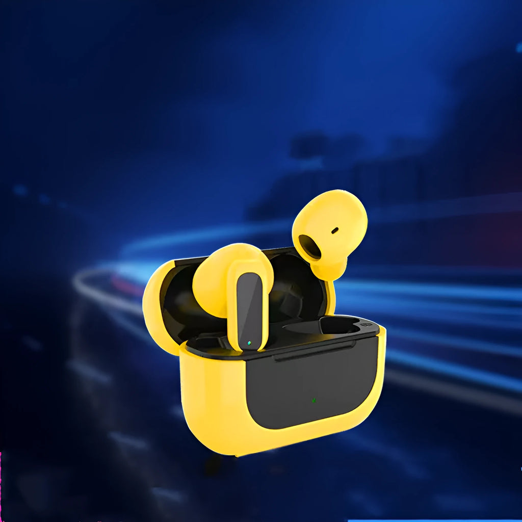 Yellow Jerry cartoon wireless Bluetooth headphones with earplug design and charging cable