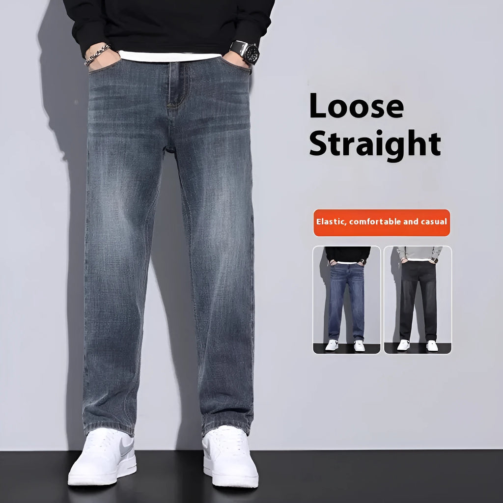 Men's straight leg casual jeans in black cotton denim with non-iron finish, side view.