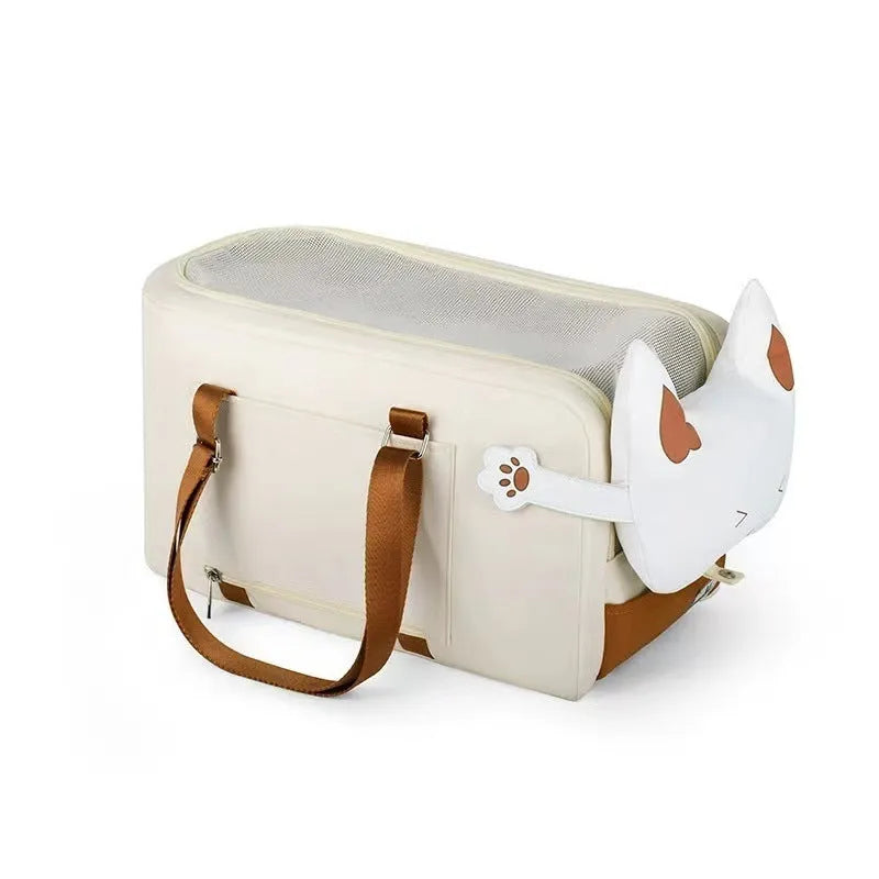 Beige hard-sided pet carrier with one-shoulder strap measuring 43x25x22.5cm for pets under 15kg