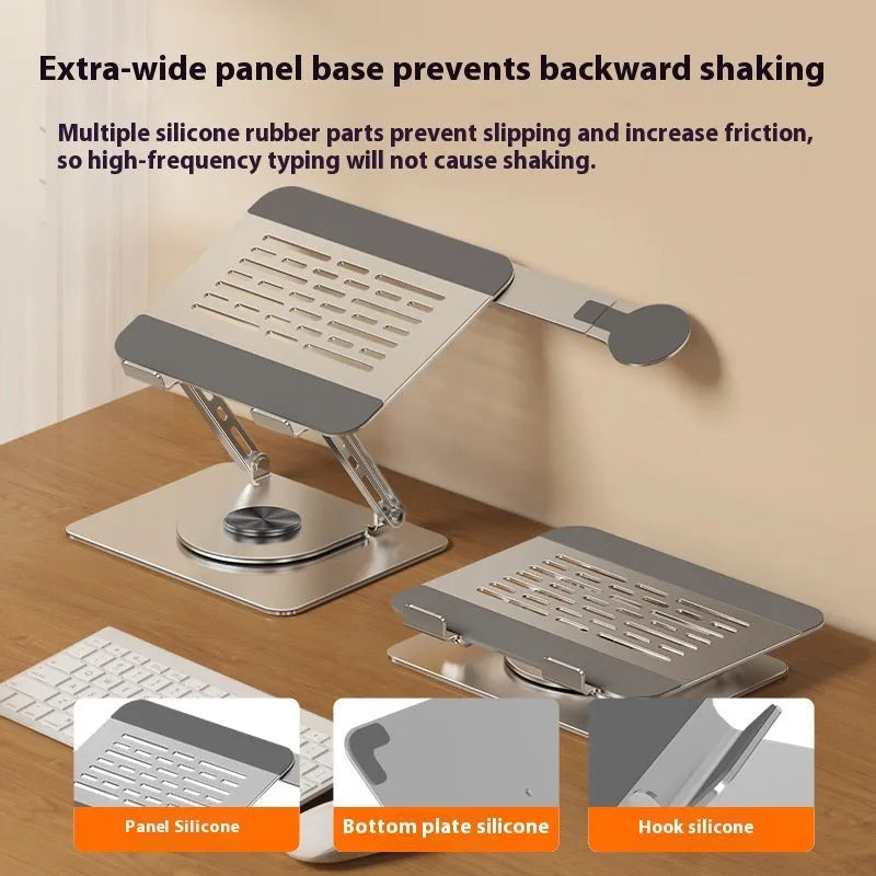 Silver carbon steel laptop stand with 360-degree rotation and side magnetic phone holder for 17-inch laptops
